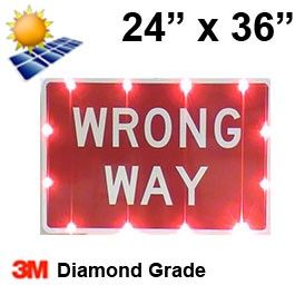 Solar powered WRONG WAY Sign (R5-1a) 24x36 Diamond Grade DG3